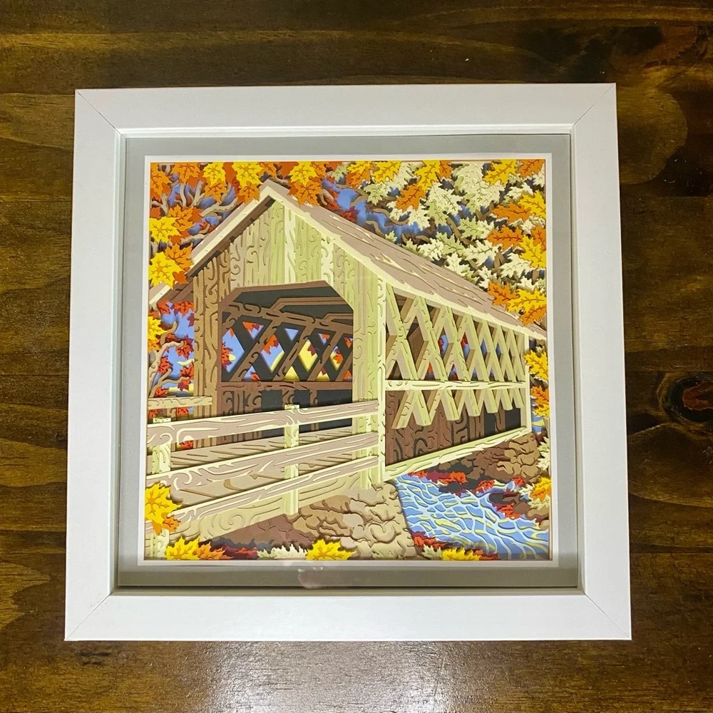 3D Fall Covered Bridge Shadowbox